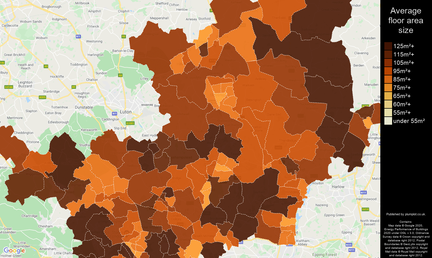 Hertfordshire map of average floor area size of houses