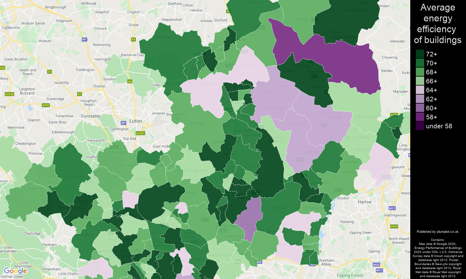 Hertfordshire map of energy efficiency of flats