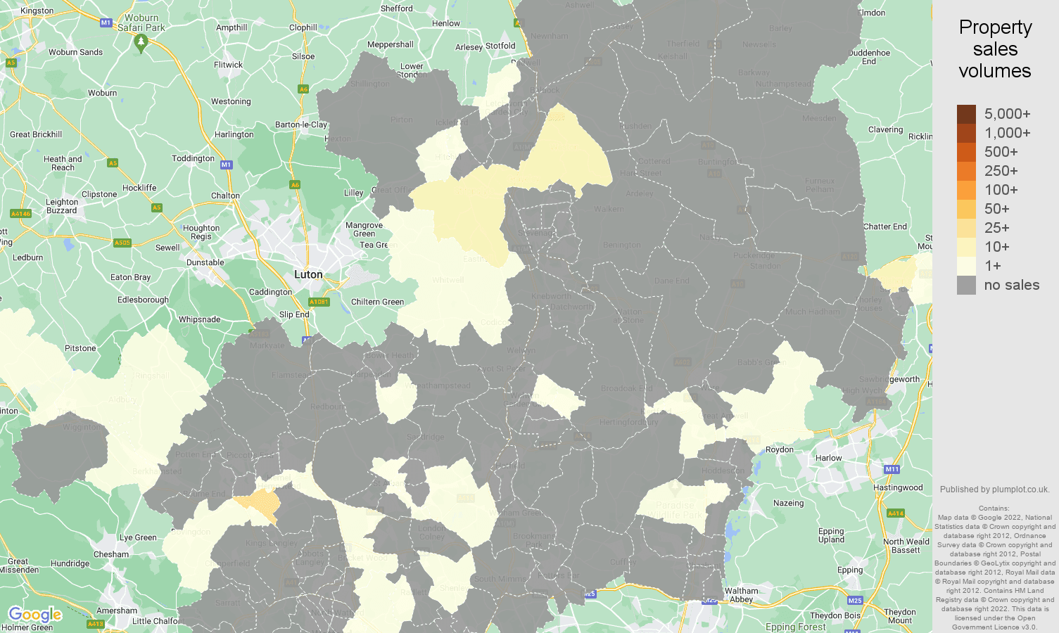 Hertfordshire map of sales of new properties