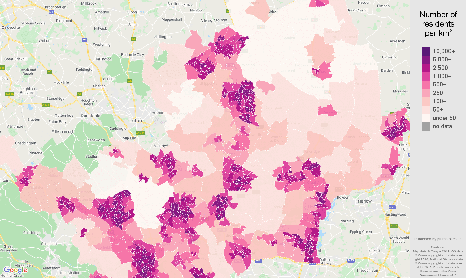 Hertfordshire population density map