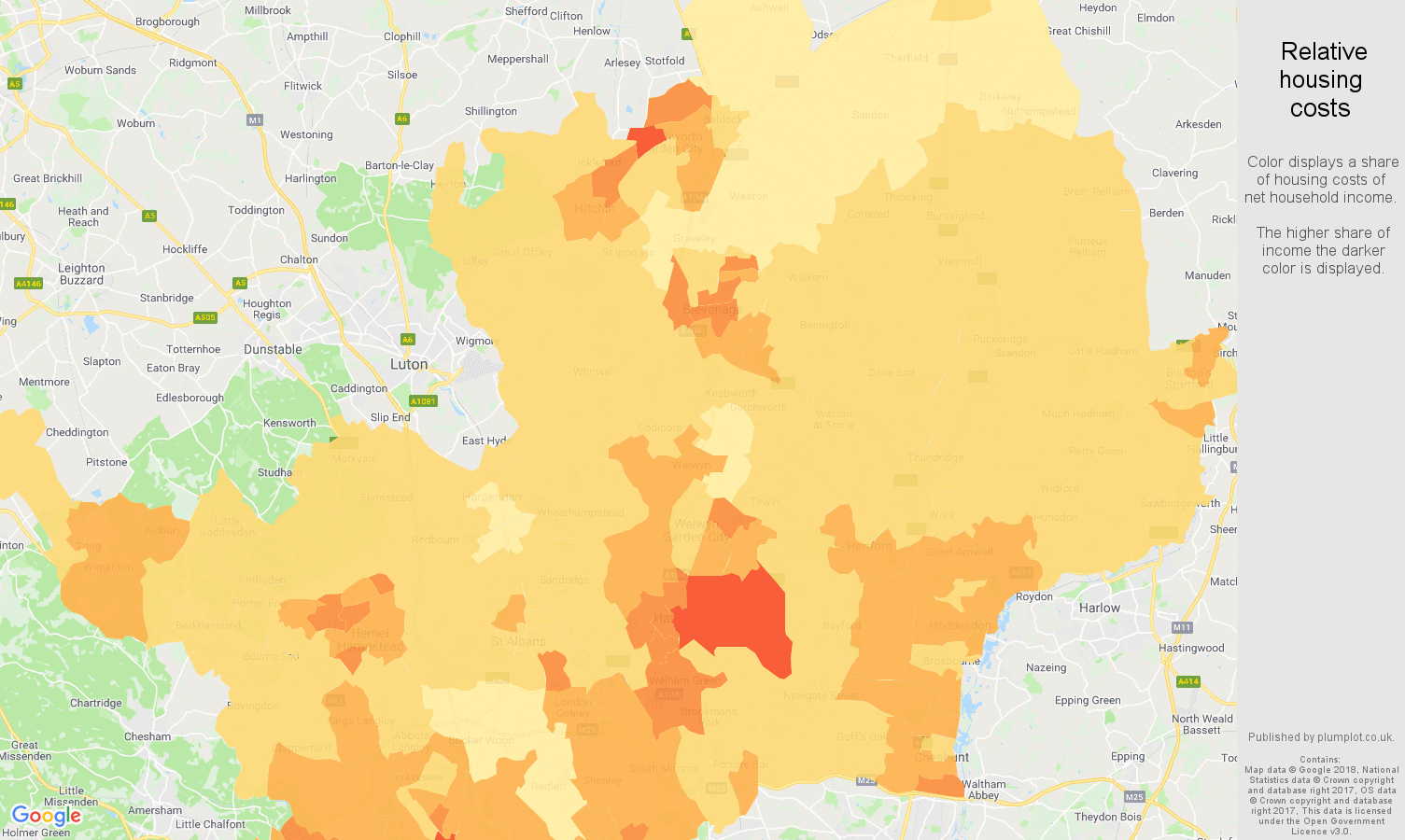 Hertfordshire relative housing costs map