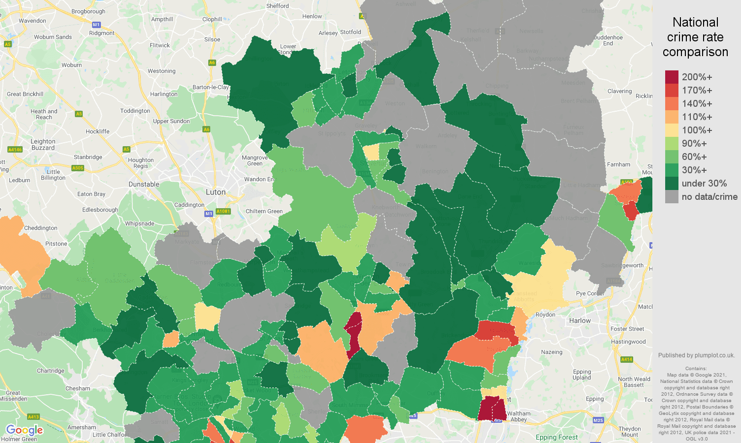 Hertfordshire robbery crime rate comparison map