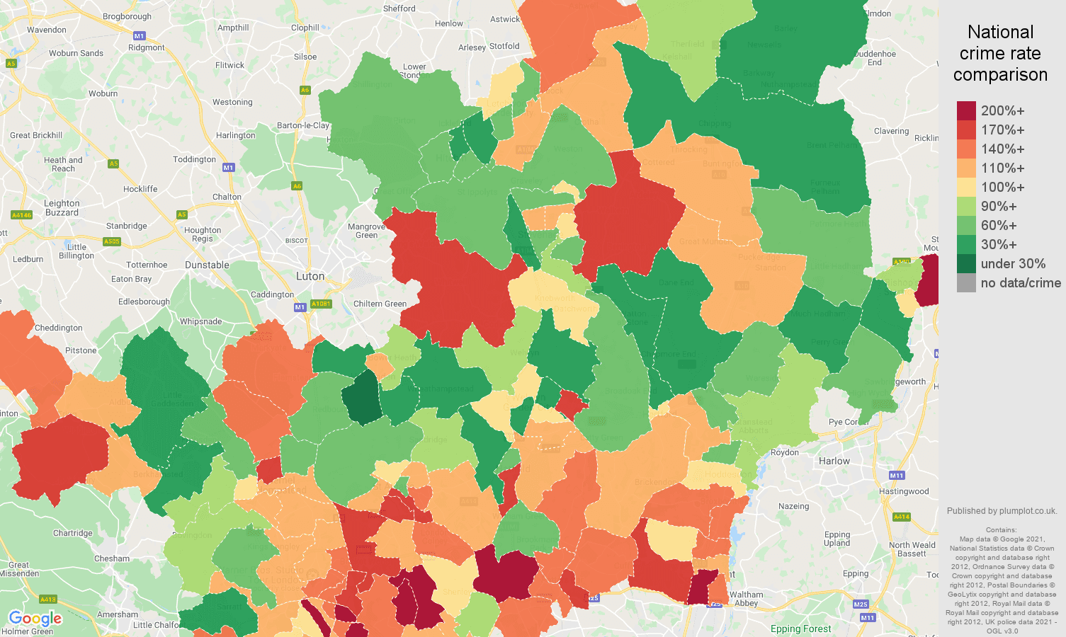 Hertfordshire vehicle crime rate comparison map