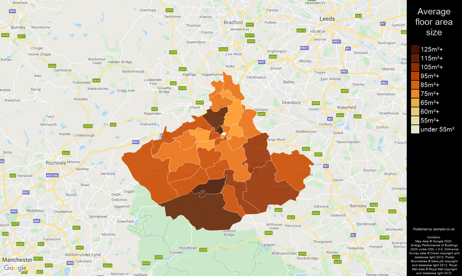 Huddersfield map of average floor area size of houses