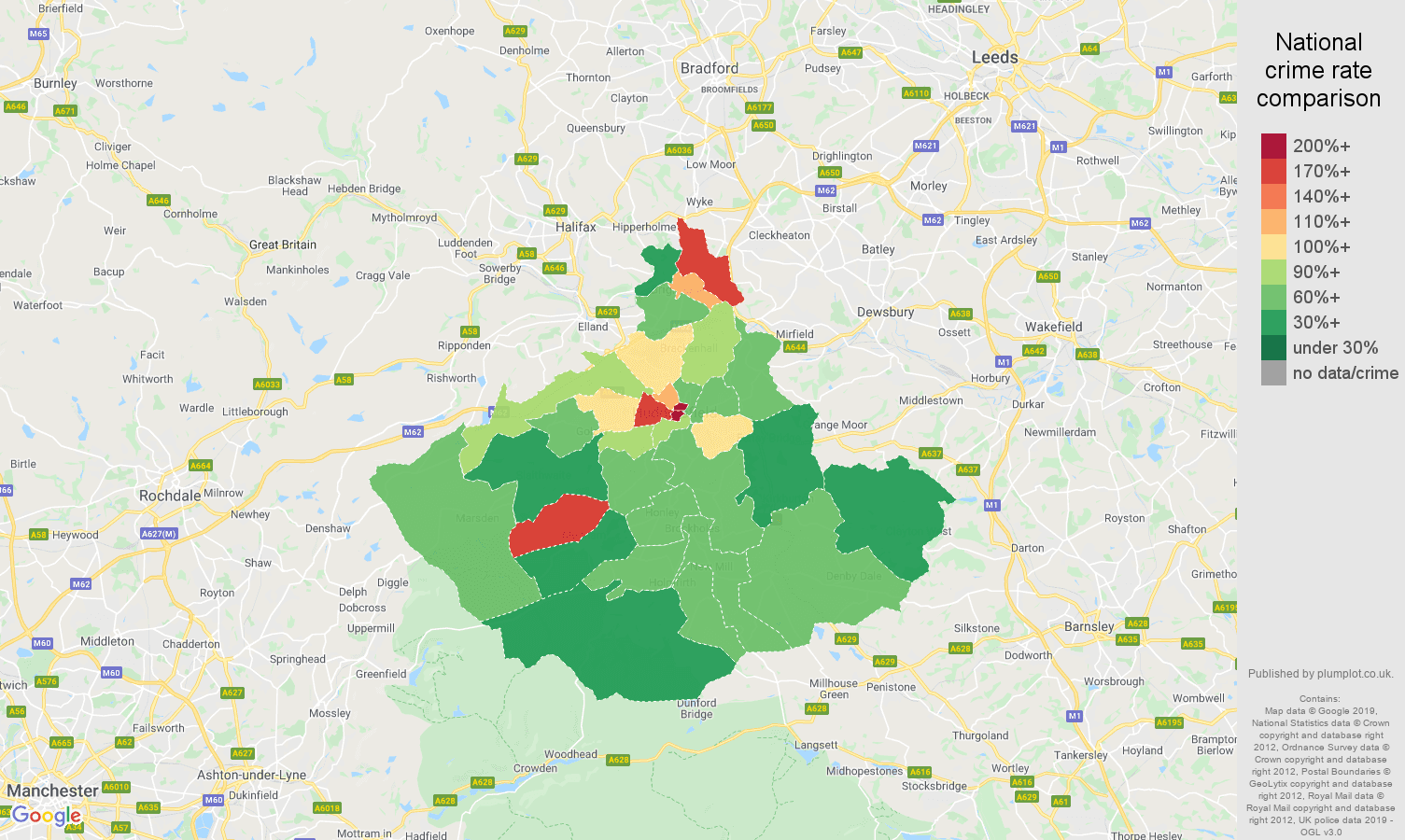 Huddersfield other theft crime rate comparison map