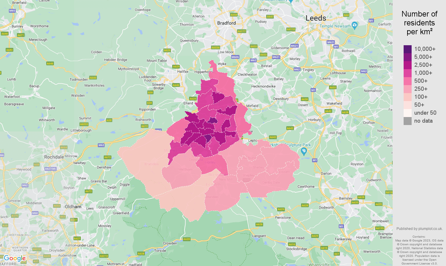 Huddersfield population density map