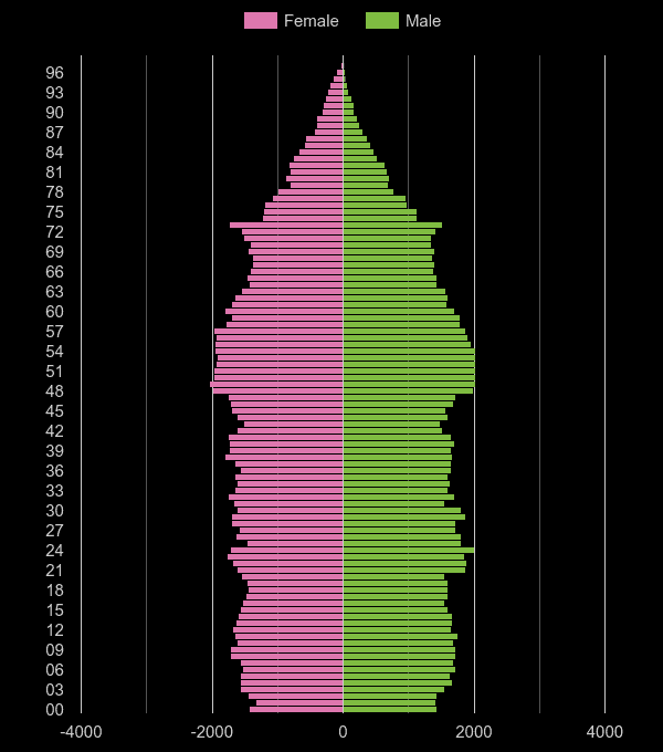 Huddersfield population pyramid by year