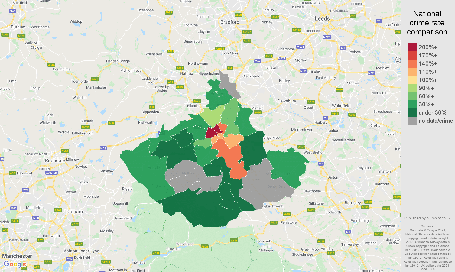 Huddersfield robbery crime rate comparison map