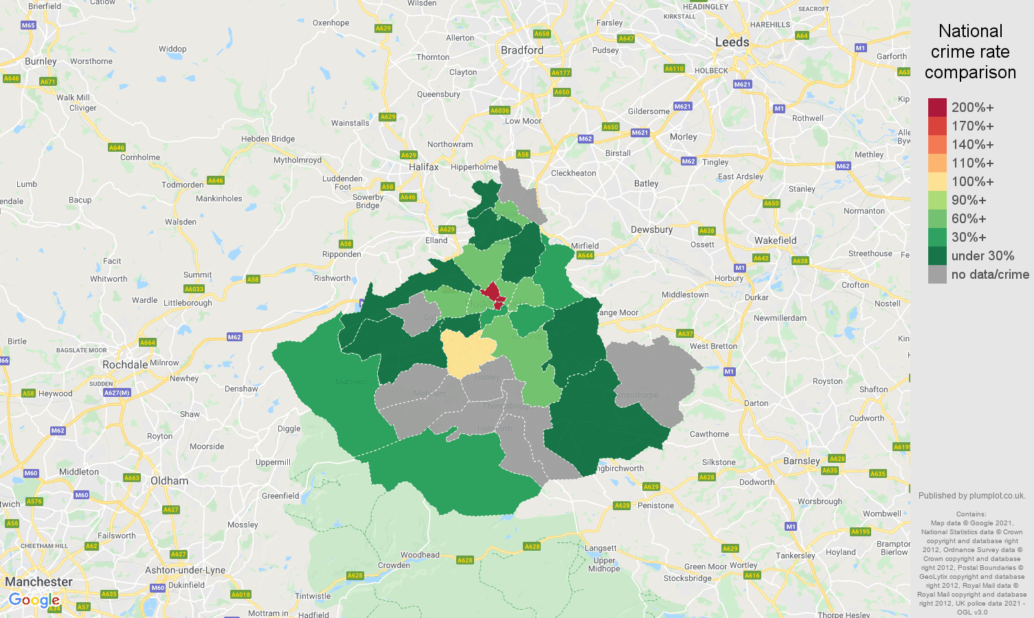Huddersfield theft from the person crime rate comparison map