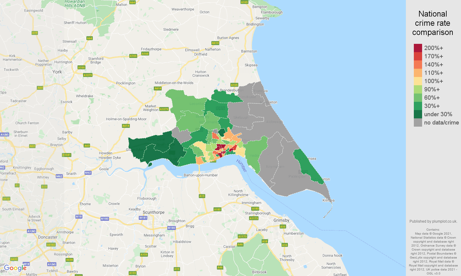 Hull bicycle theft crime rate comparison map