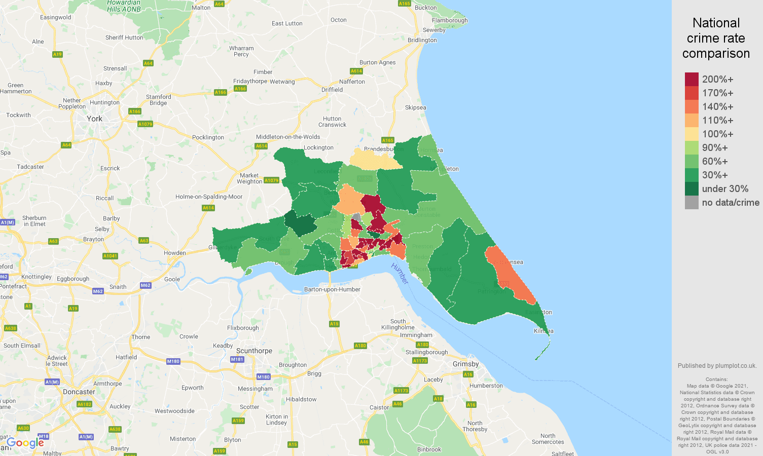 Hull criminal damage and arson crime rate comparison map