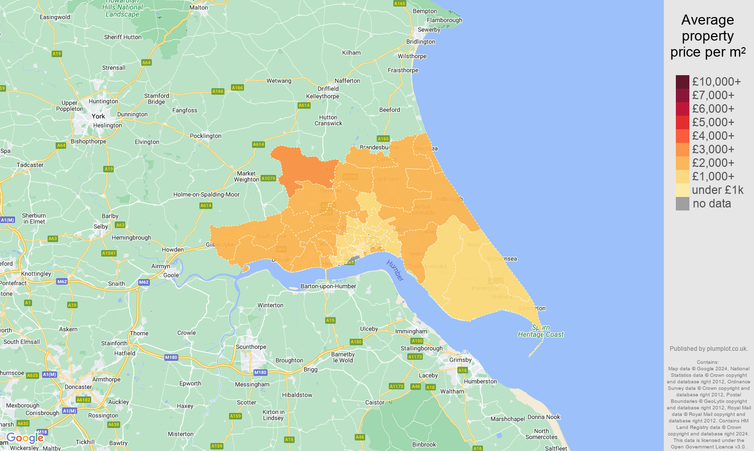 Hull house prices per square metre map