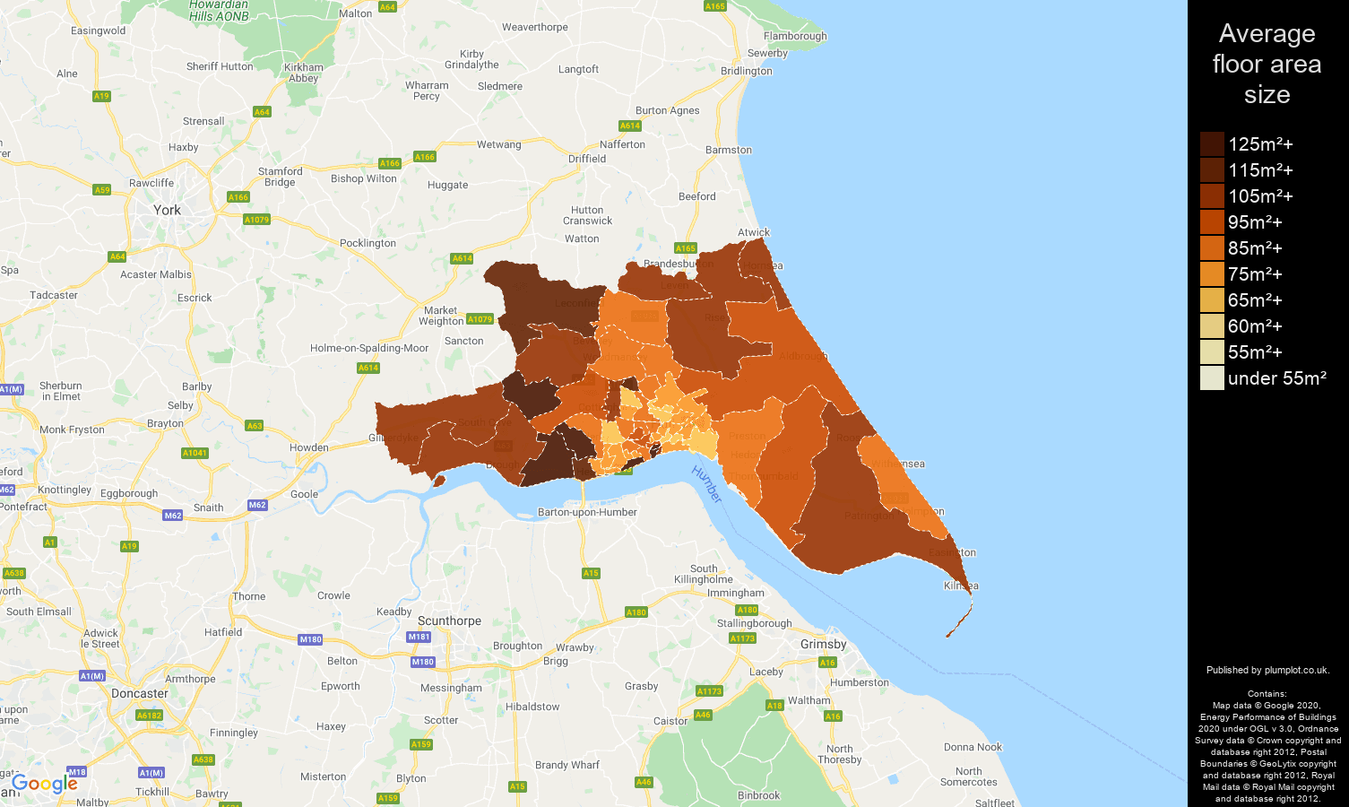 Hull map of average floor area size of houses