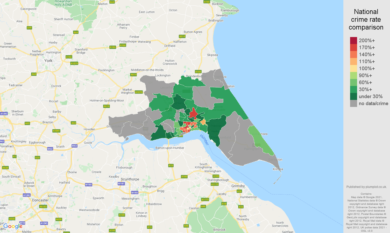 Hull robbery crime rate comparison map