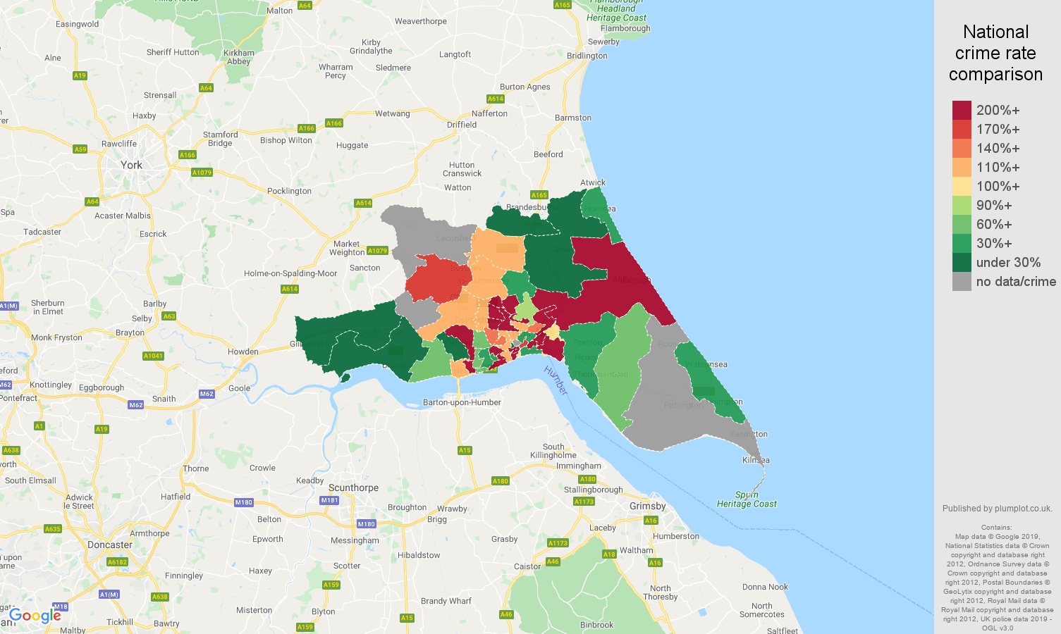 Hull shoplifting crime rate comparison map