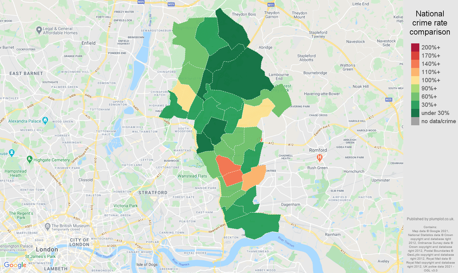 Ilford bicycle theft crime rate comparison map