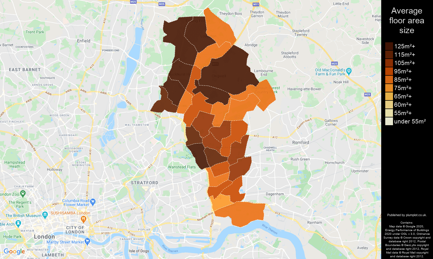 Ilford map of average floor area size of houses
