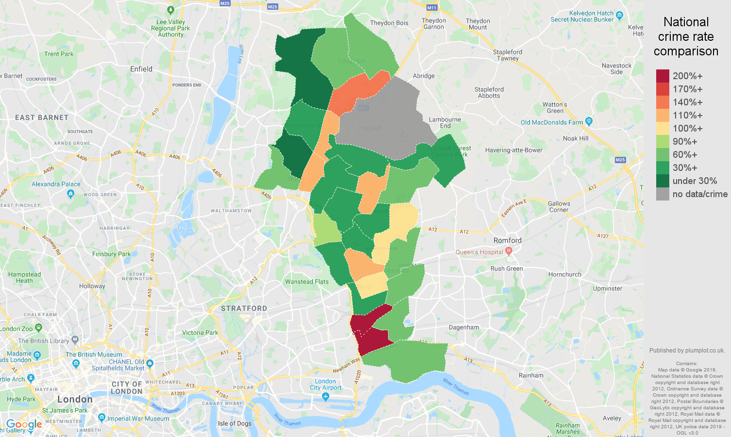 Ilford possession of weapons crime rate comparison map
