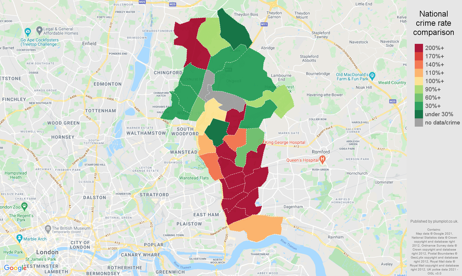 Ilford theft from the person crime rate comparison map
