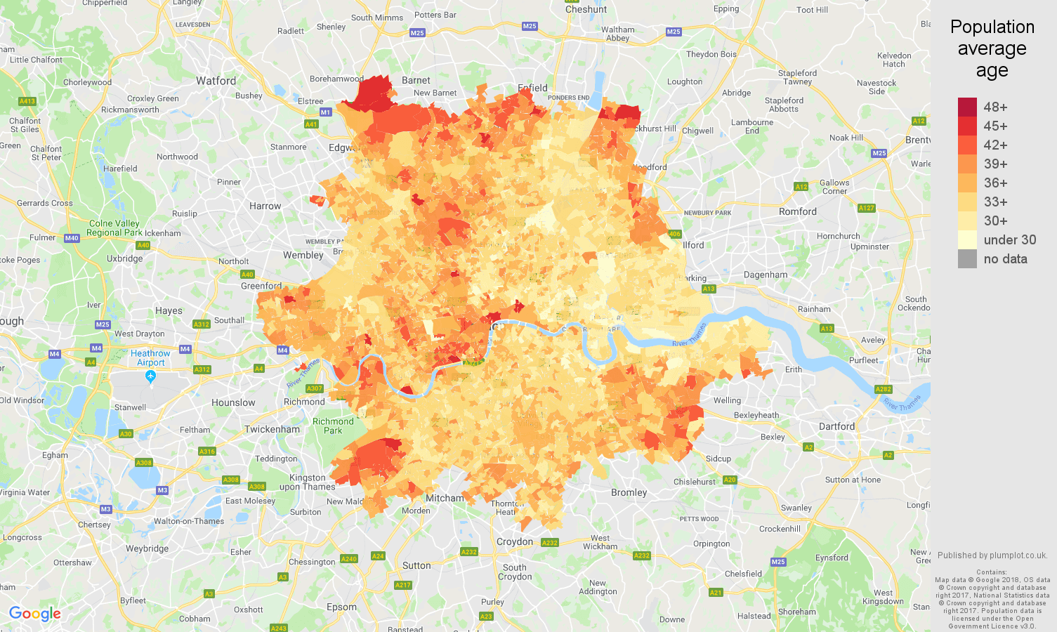 Inner London population average age map