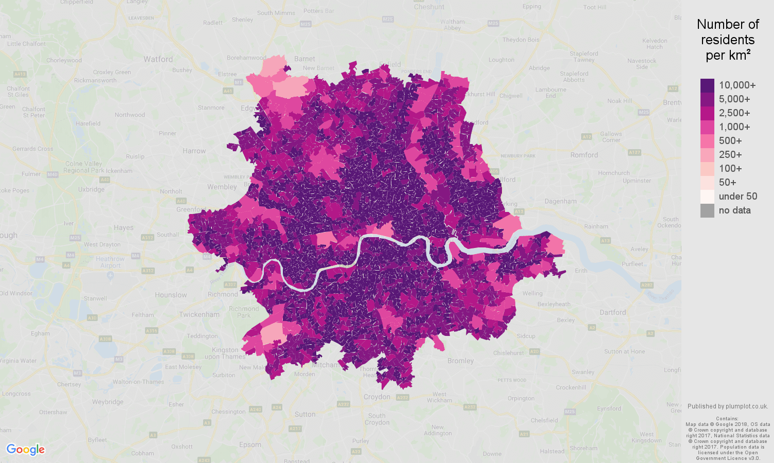 Inner London population density map