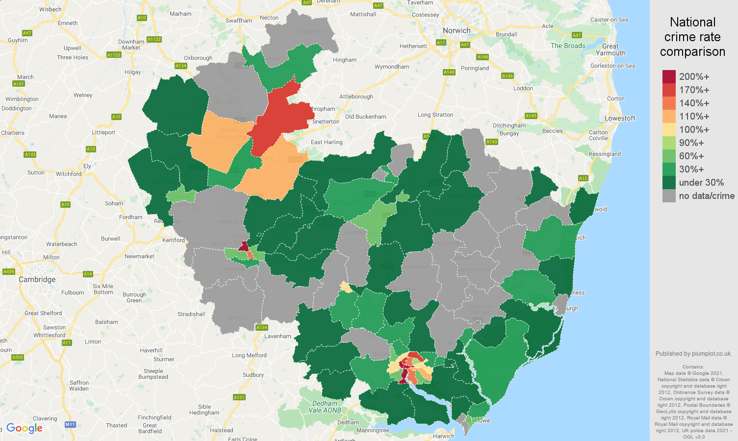 Ipswich bicycle theft crime rate comparison map
