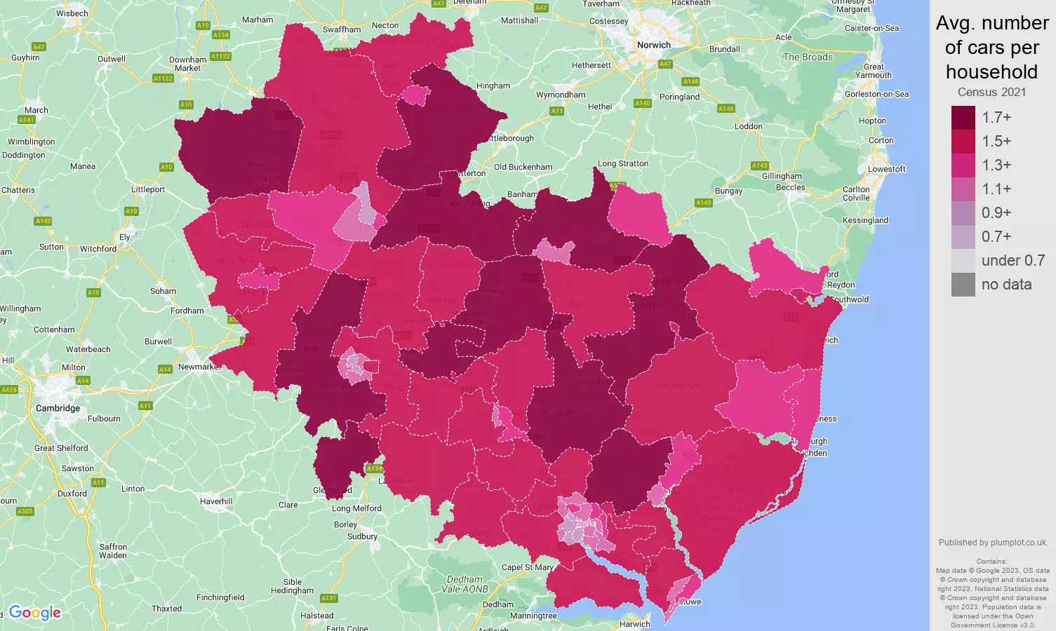 Ipswich cars per household map