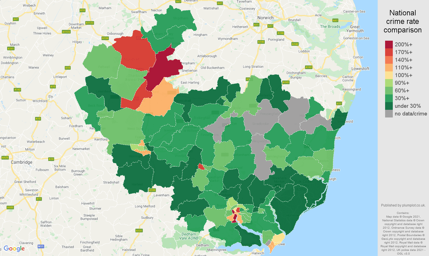 Ipswich drugs crime rate comparison map