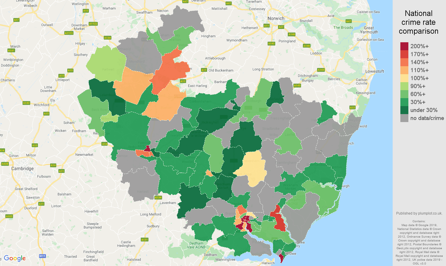 Ipswich possession of weapons crime rate comparison map