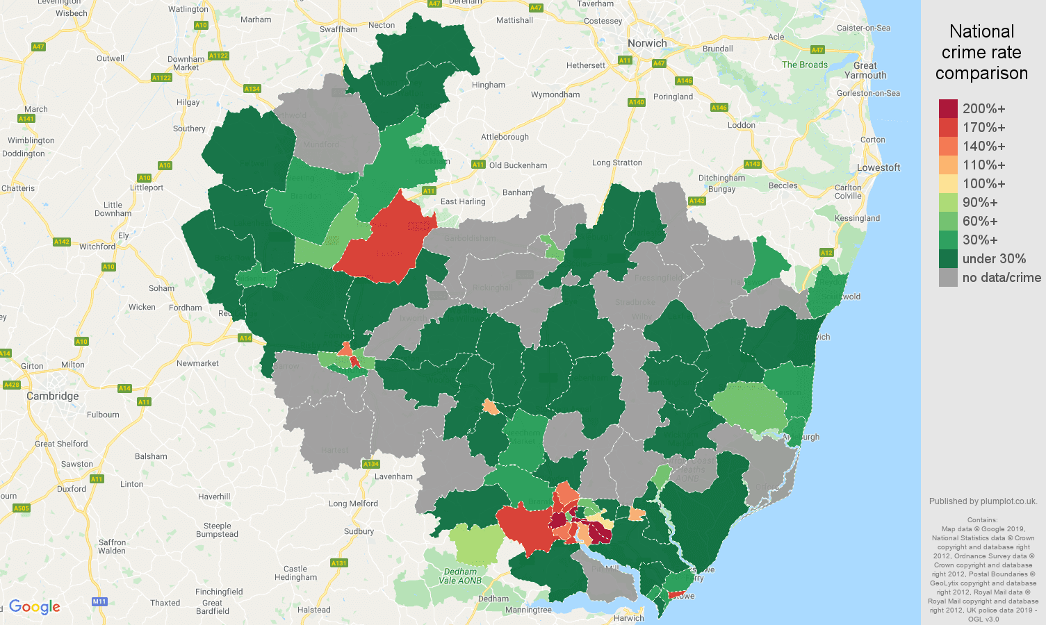Ipswich shoplifting crime rate comparison map