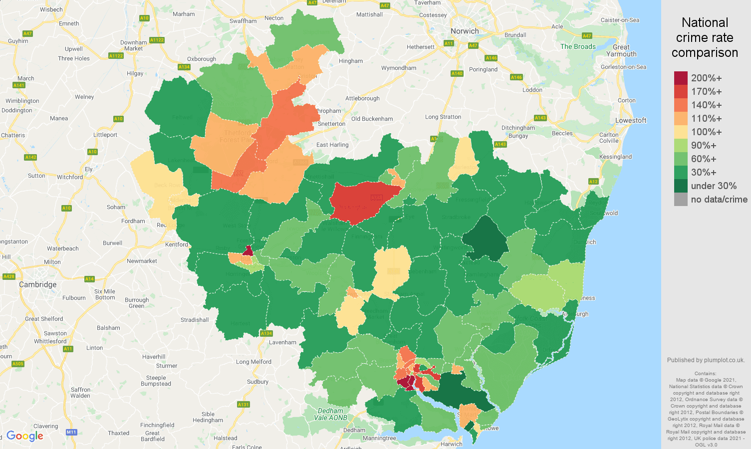 Ipswich violent crime rate comparison map