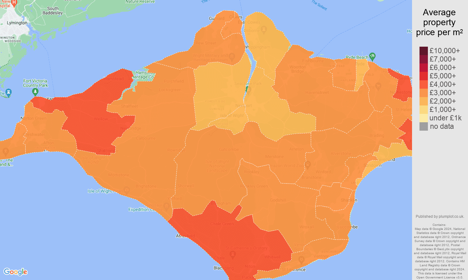 Isle of Wight house prices per square metre map