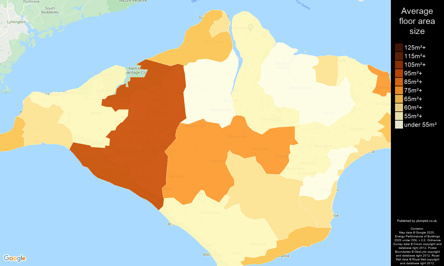 Isle of Wight map of average floor area size of flats