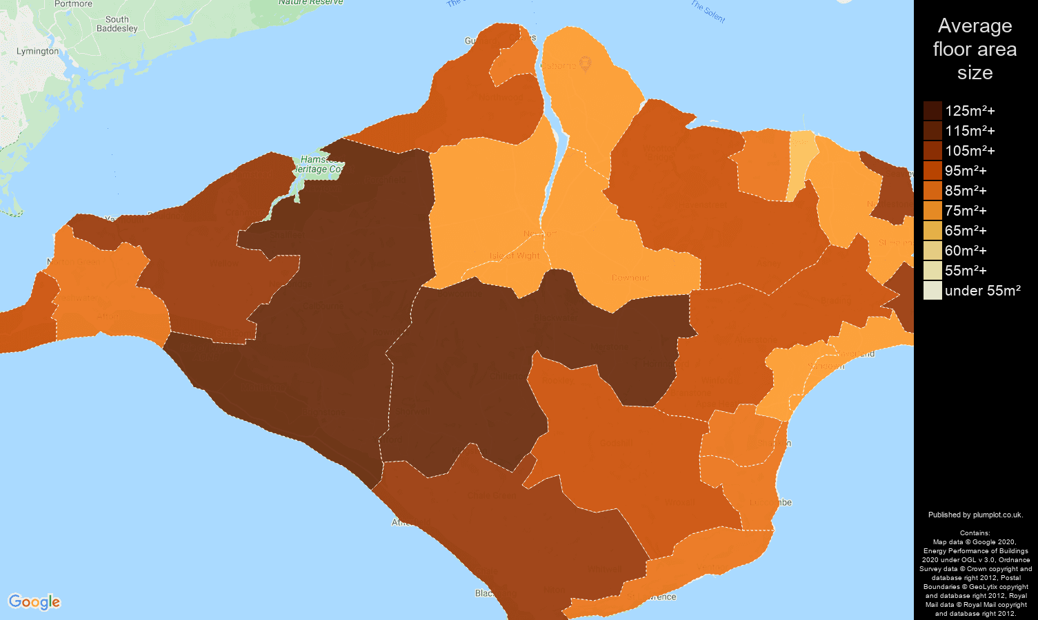 Isle of Wight map of average floor area size of properties