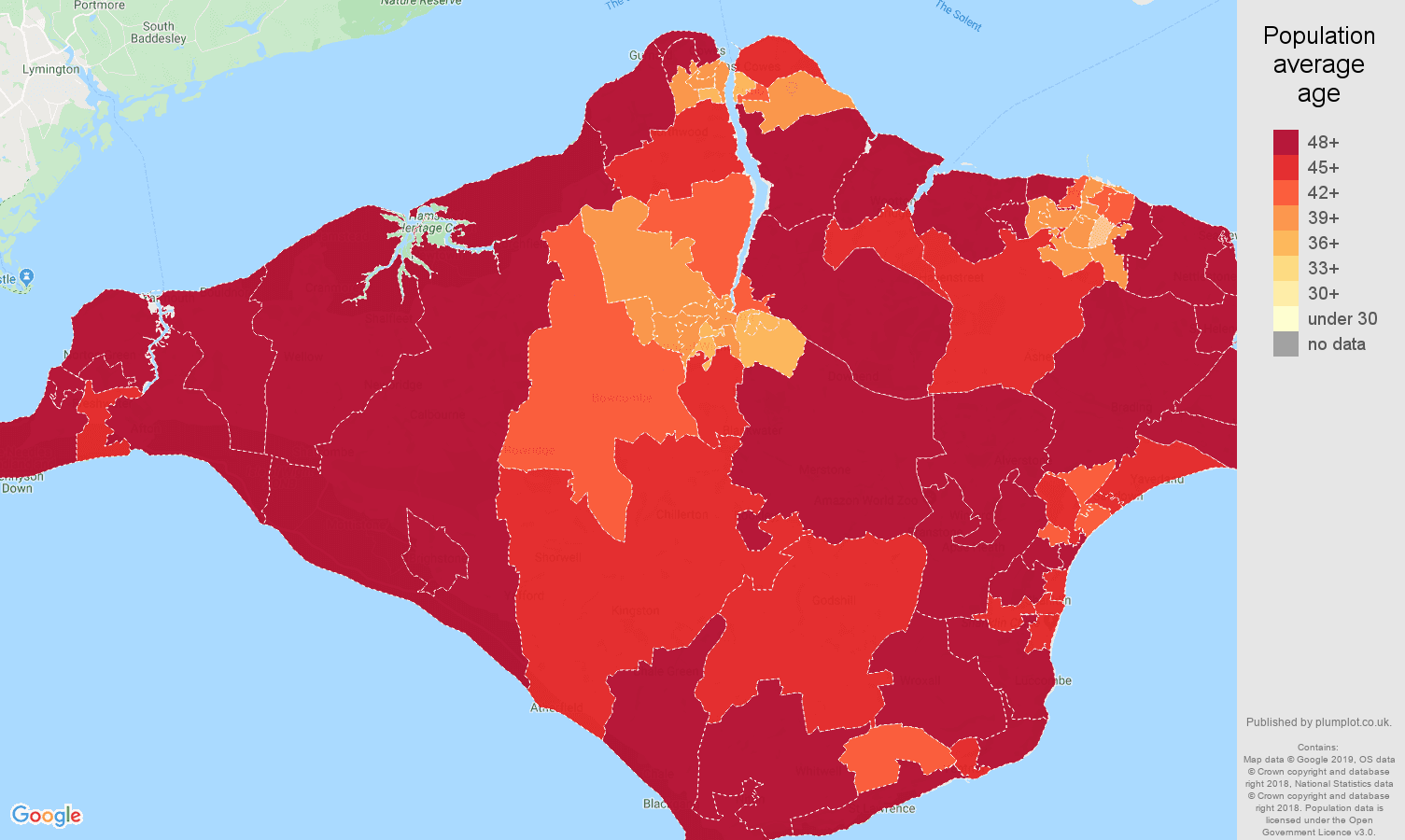 Isle of Wight population average age map