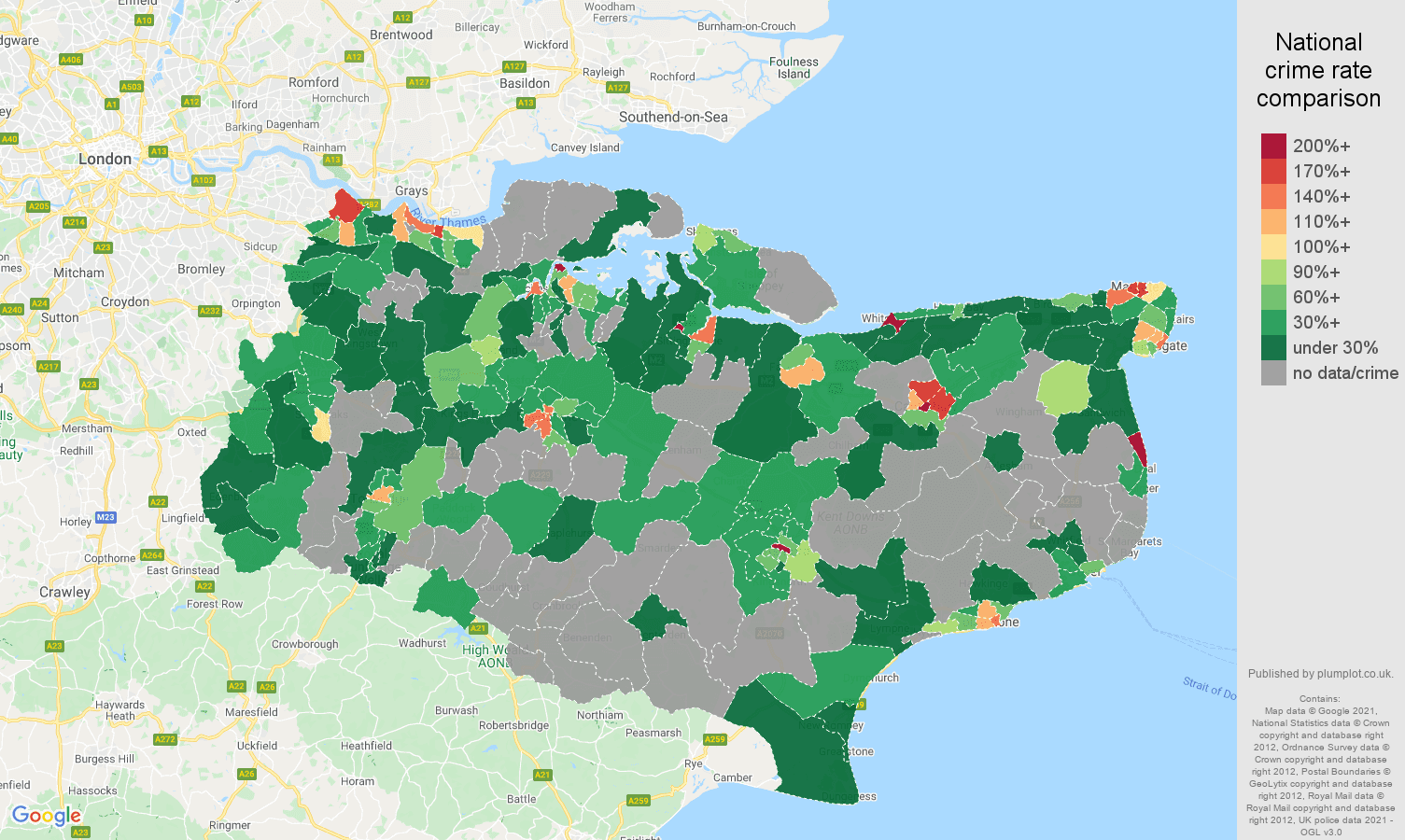 Kent bicycle theft crime rate comparison map