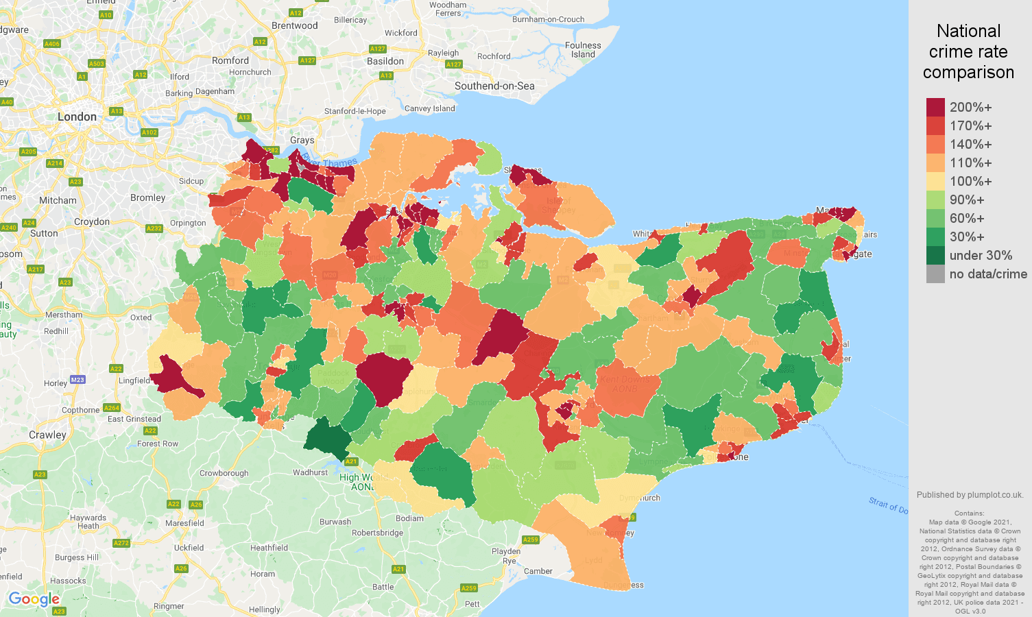 Kent criminal damage and arson crime rate comparison map