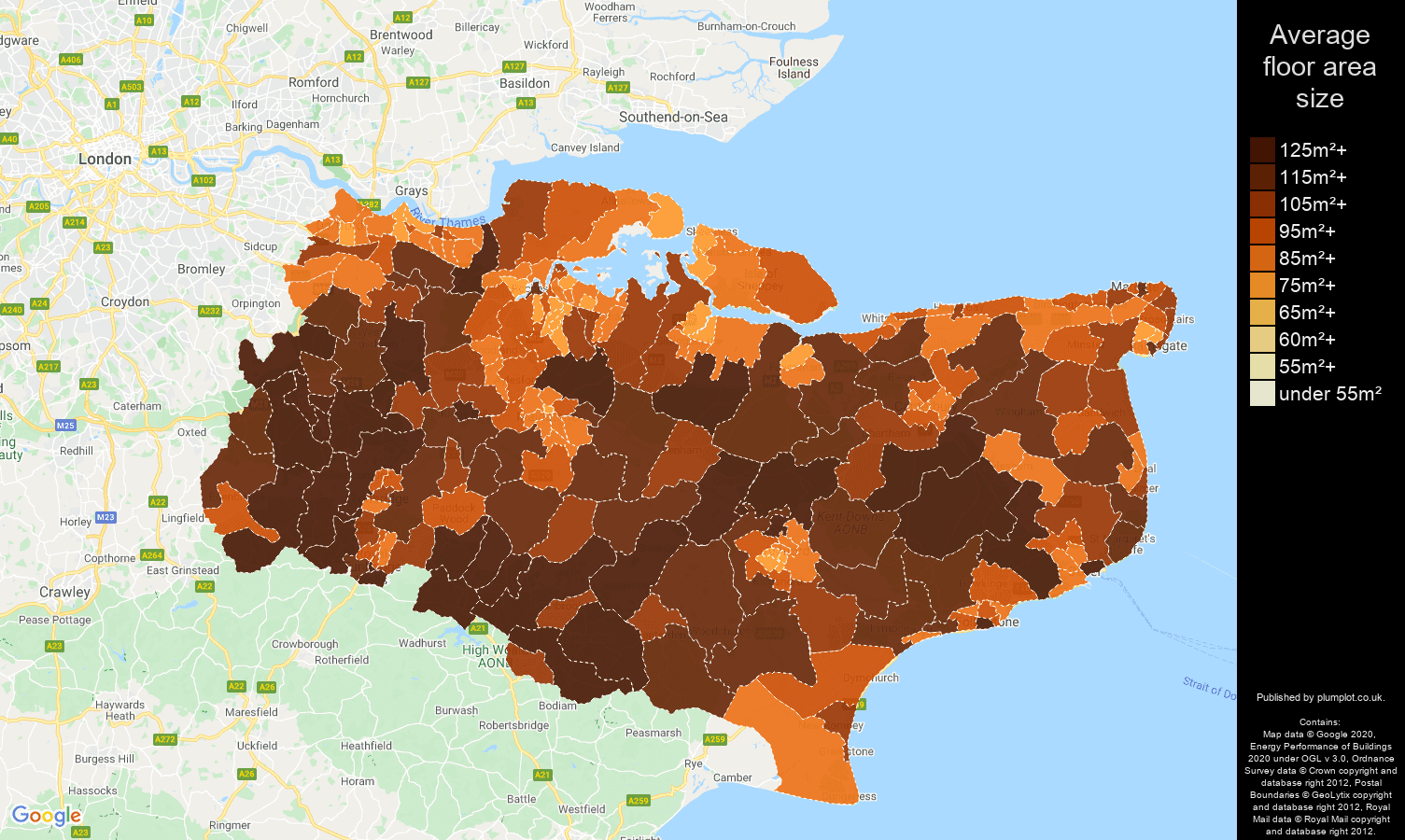 Kent map of average floor area size of houses
