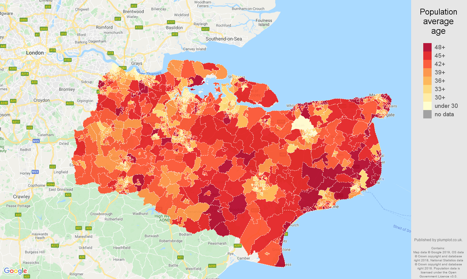 Kent population average age map