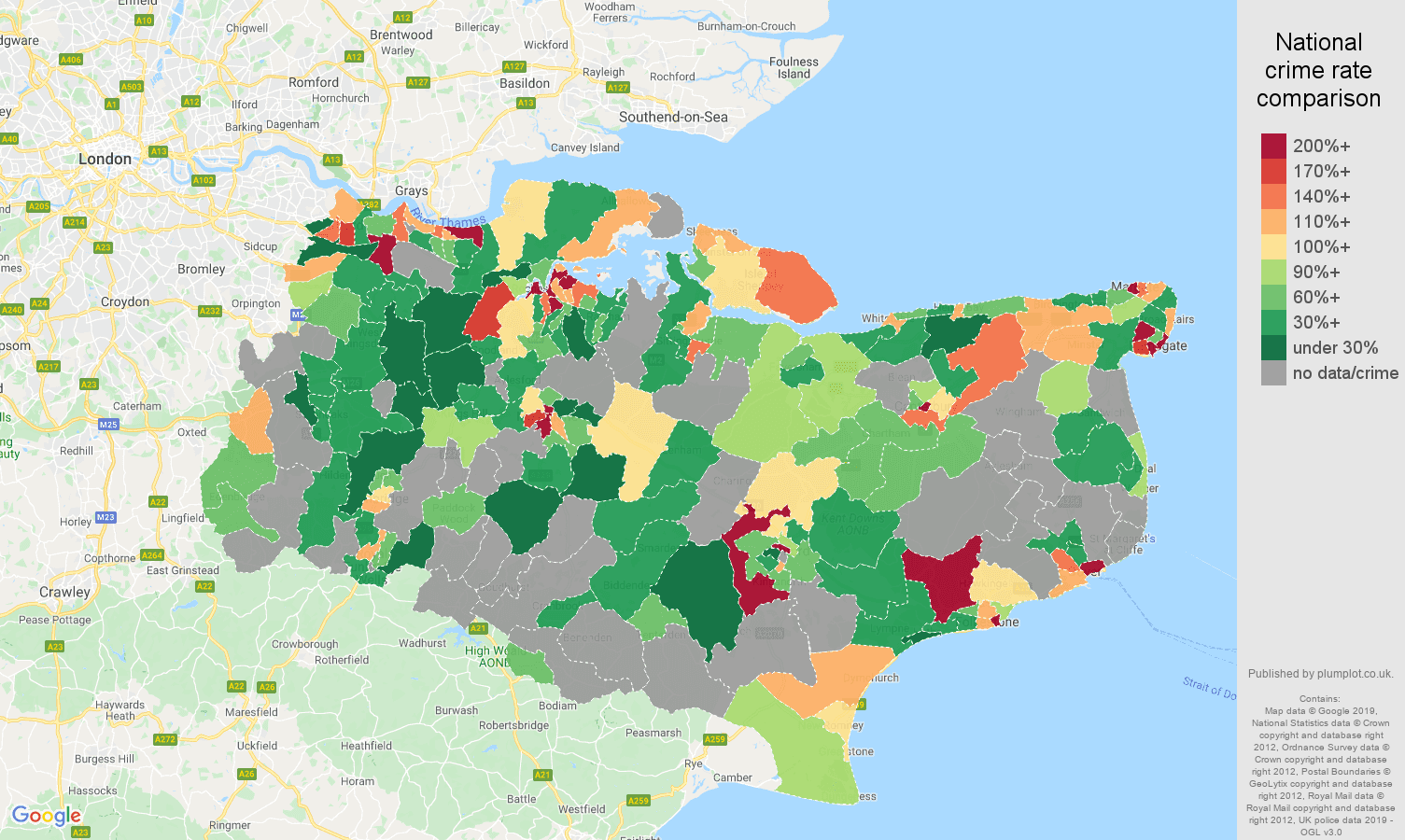 Kent possession of weapons crime rate comparison map