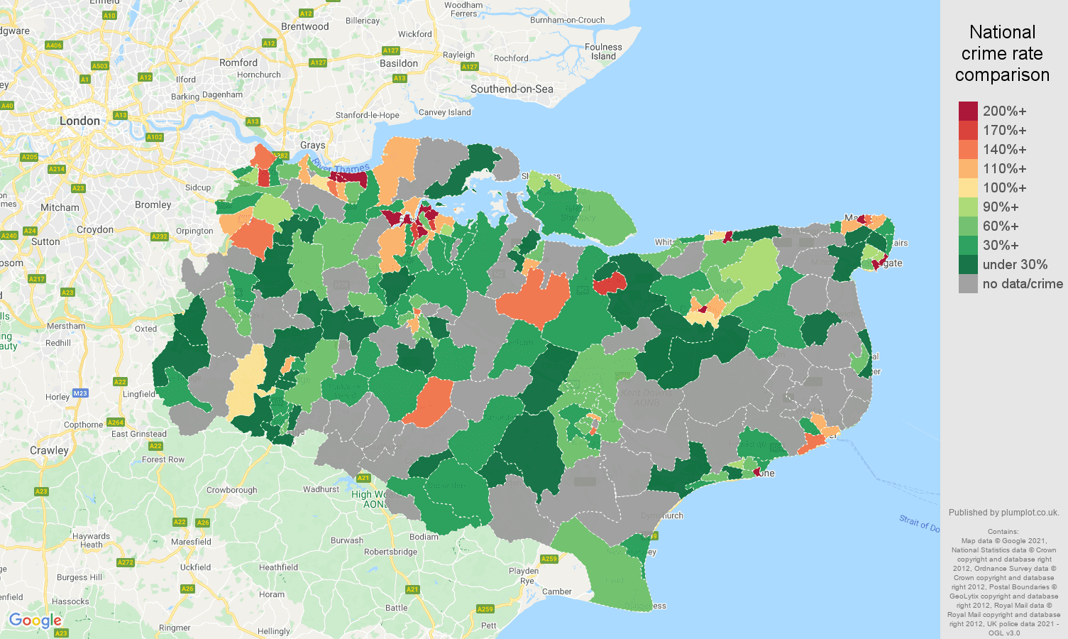 Kent robbery crime rate comparison map