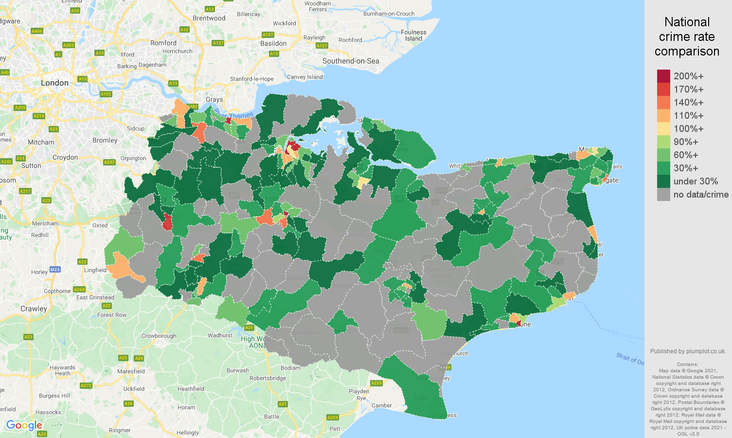 Kent theft from the person crime rate comparison map