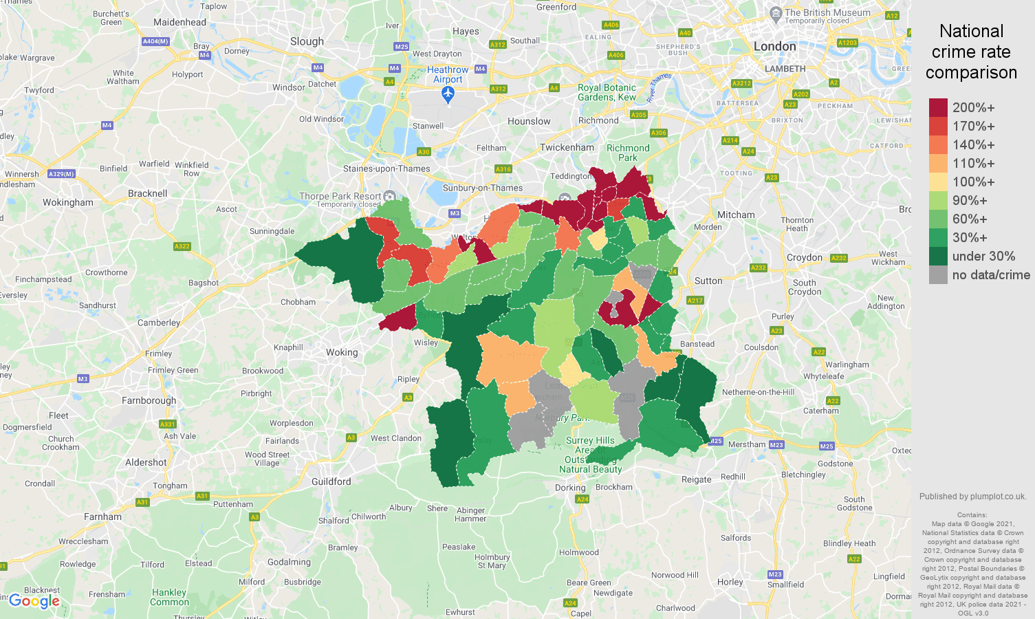 Kingston upon Thames bicycle theft crime rate comparison map