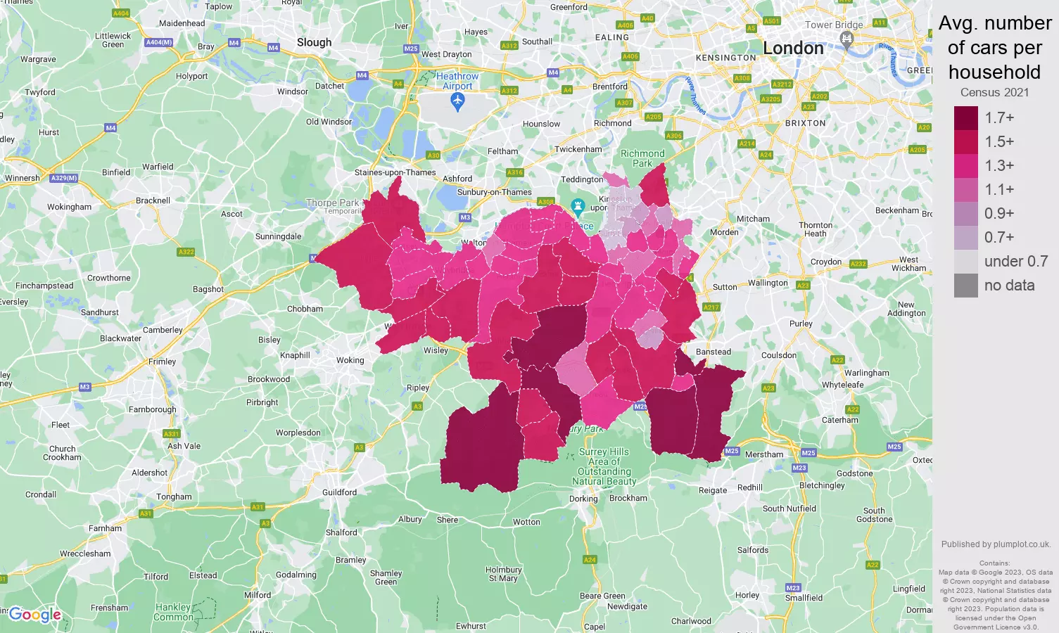 Kingston upon Thames cars per household map