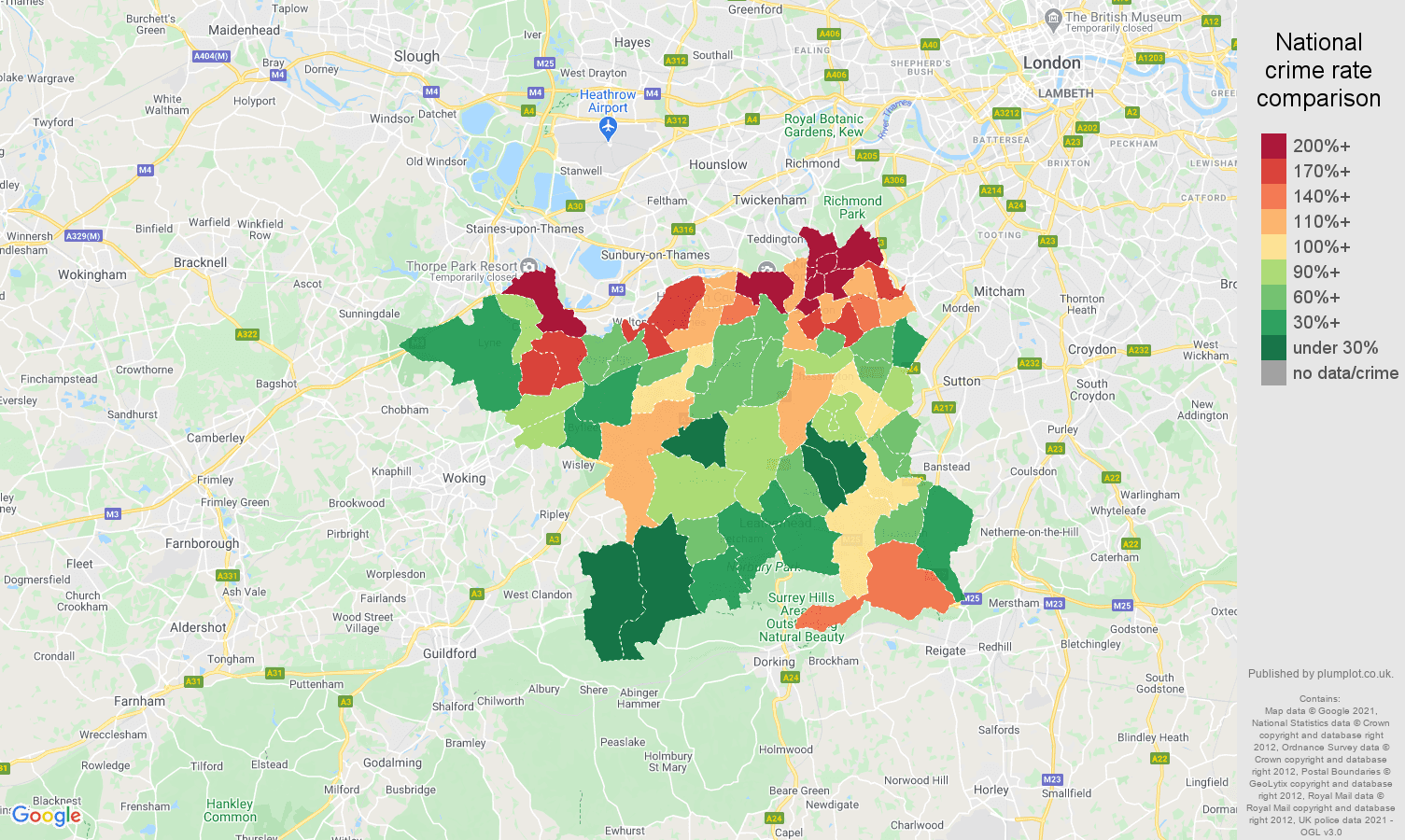 Kingston upon Thames drugs crime rate comparison map