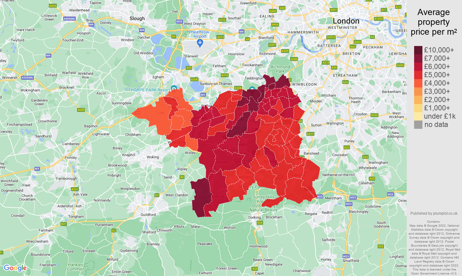 Kingston upon Thames house prices per square metre map