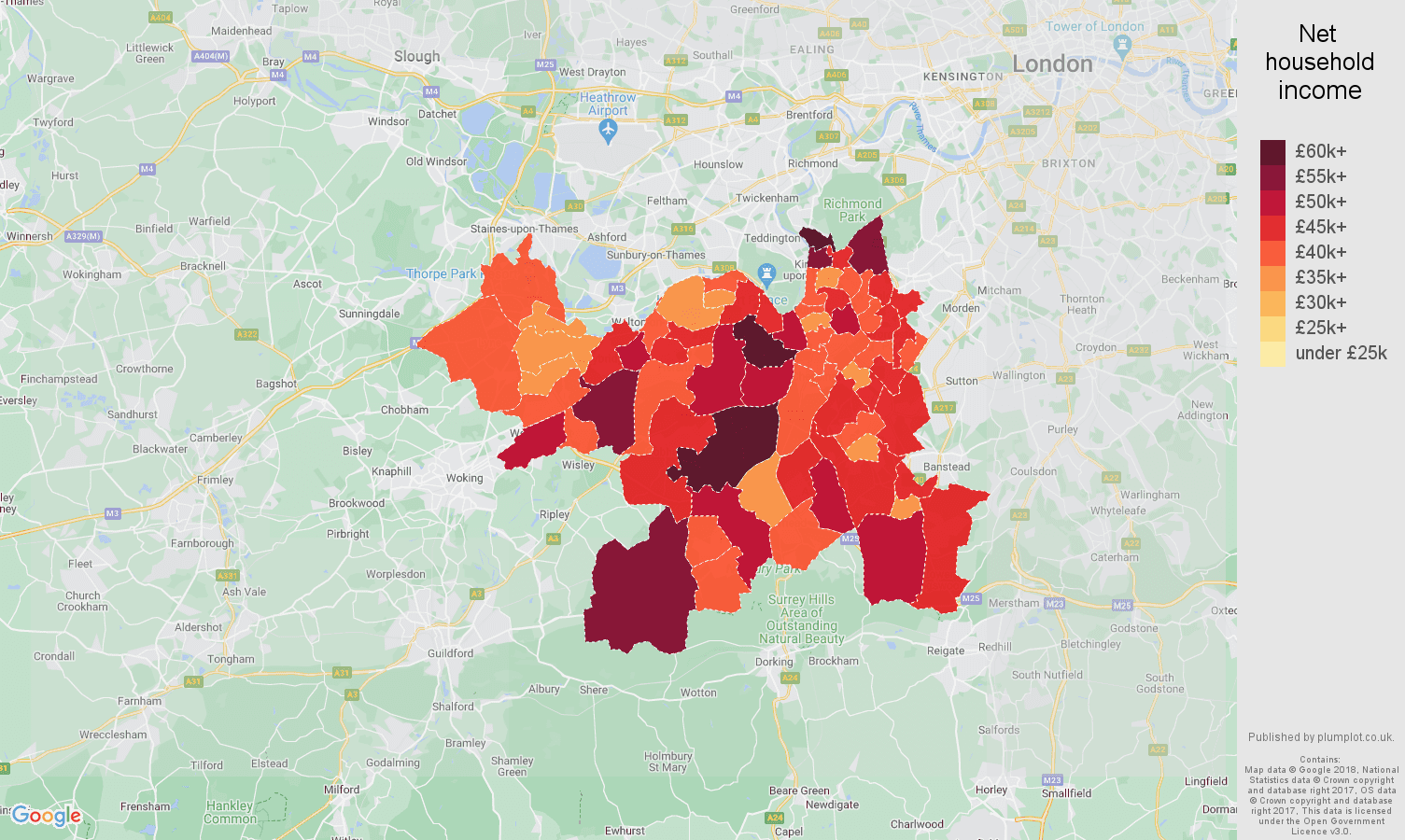 Kingston upon Thames net household income map