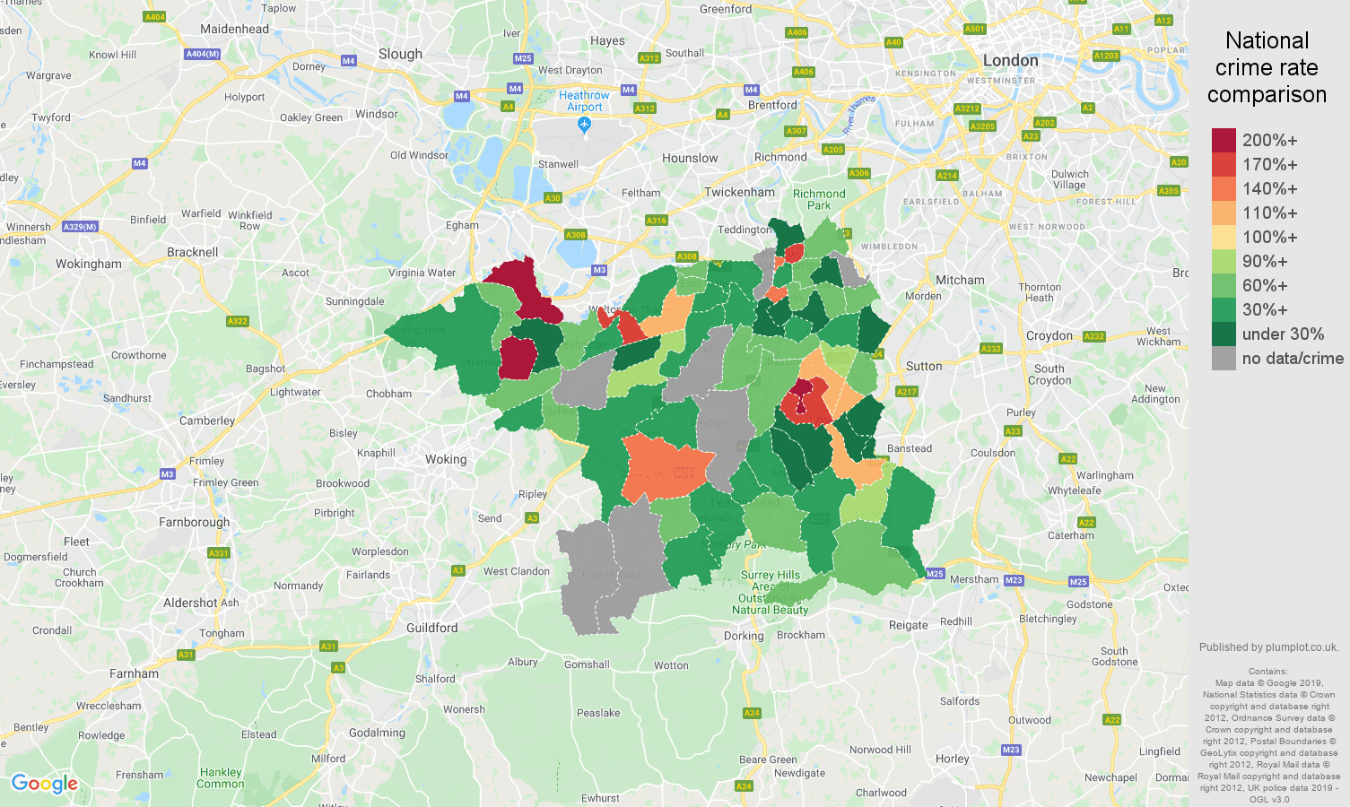 Kingston upon Thames possession of weapons crime rate comparison map