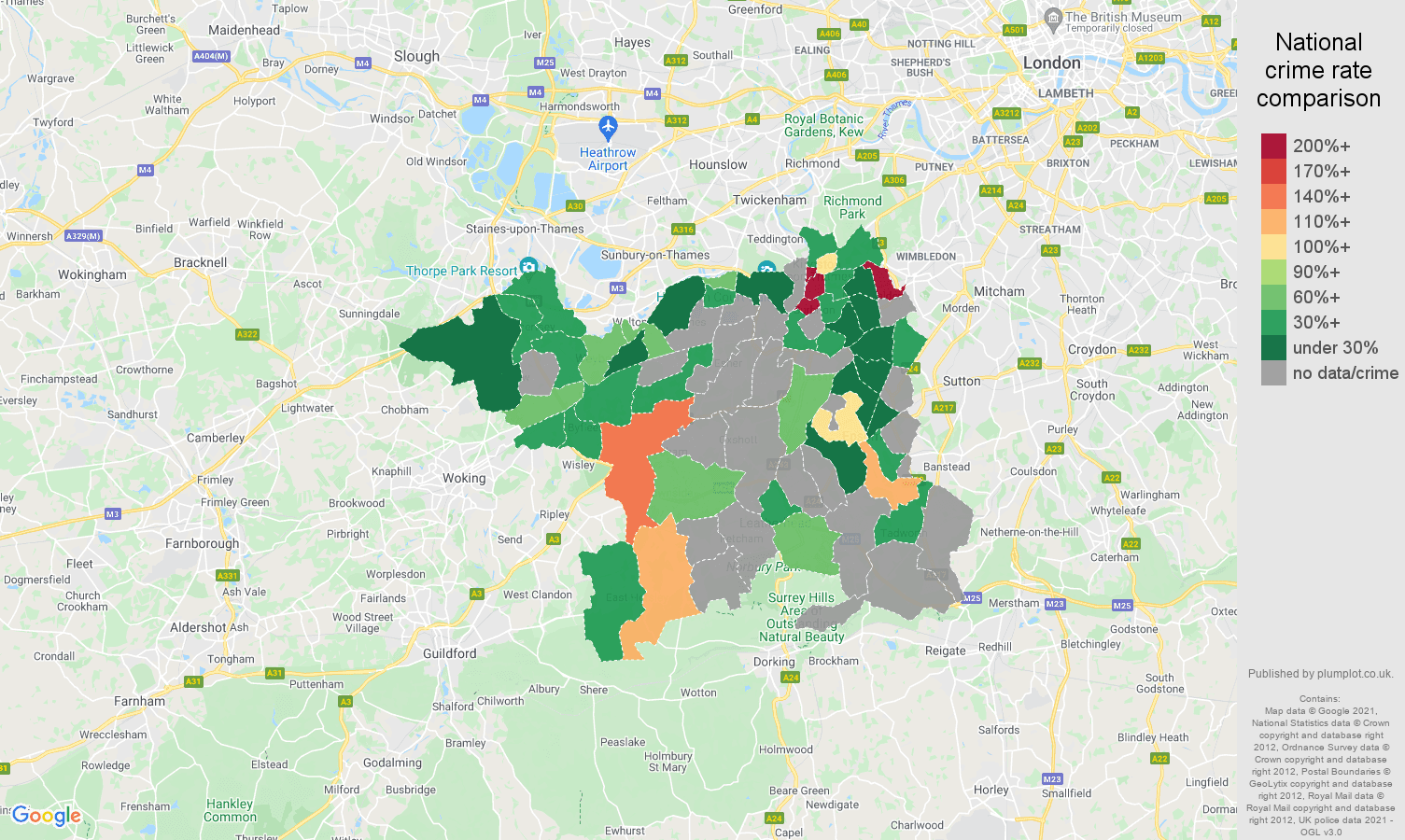 Kingston upon Thames theft from the person crime rate comparison map