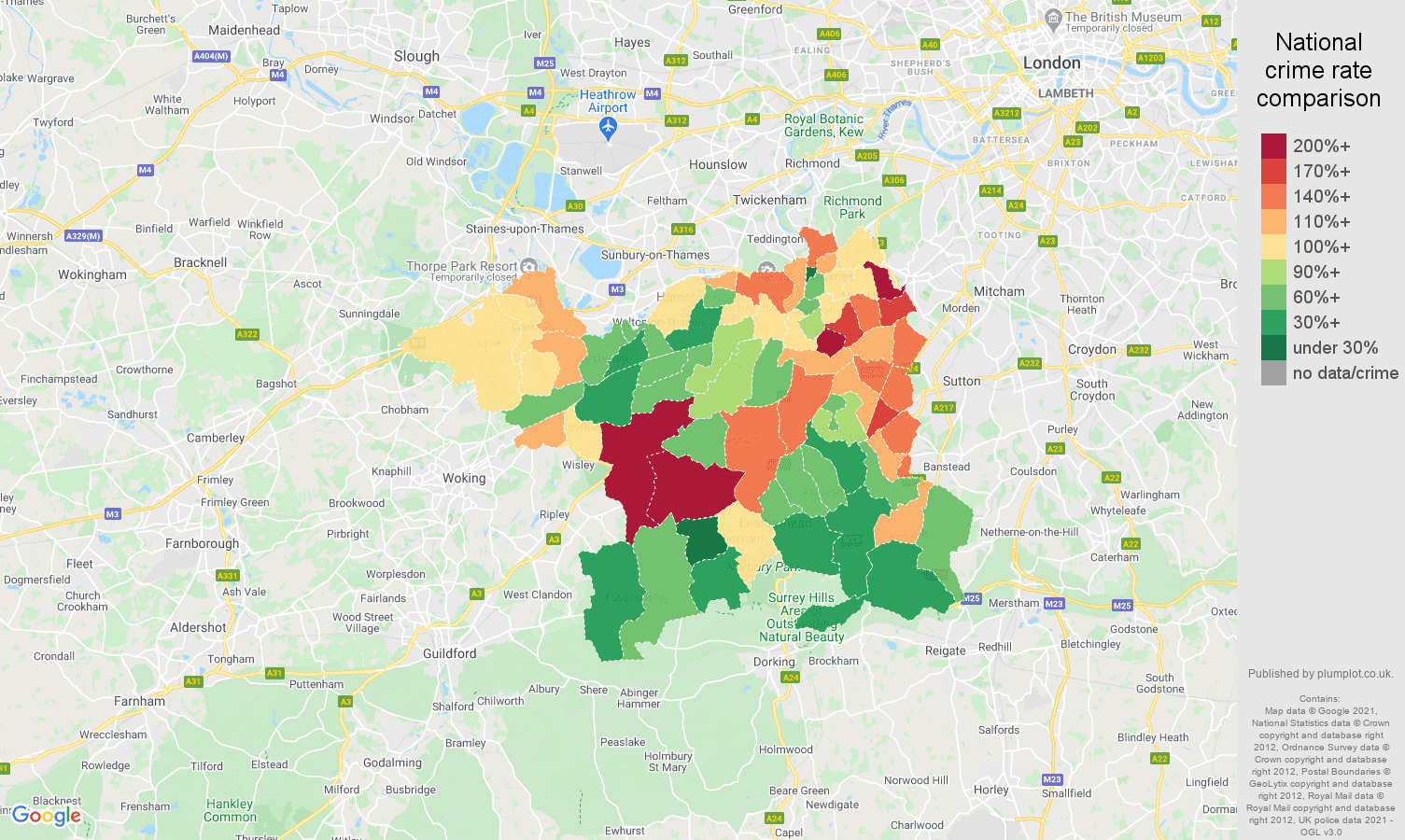 Kingston upon Thames vehicle crime rate comparison map